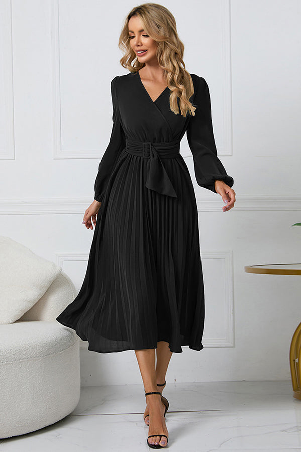 Cristina Flowy Belt Wrap Pleated Midi Dress