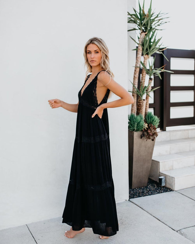 Robe Longue Dos Nu avec Col en V Noire