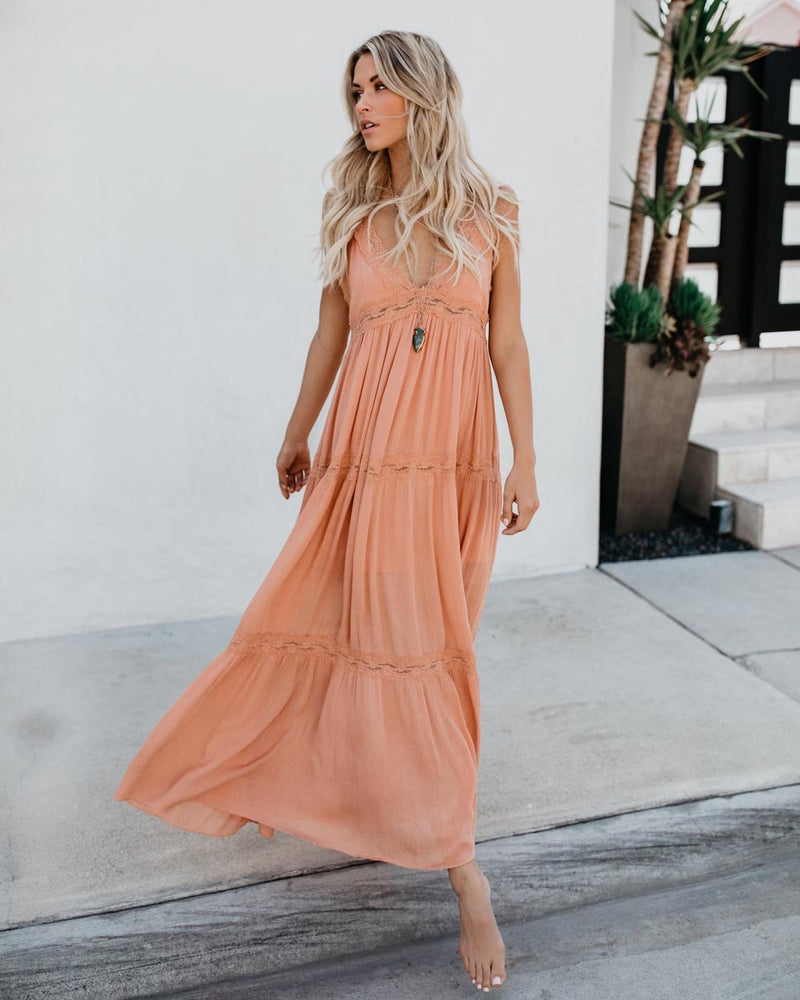 Maxi Robe Col en V sans Manches Rose Claire - CA Mode