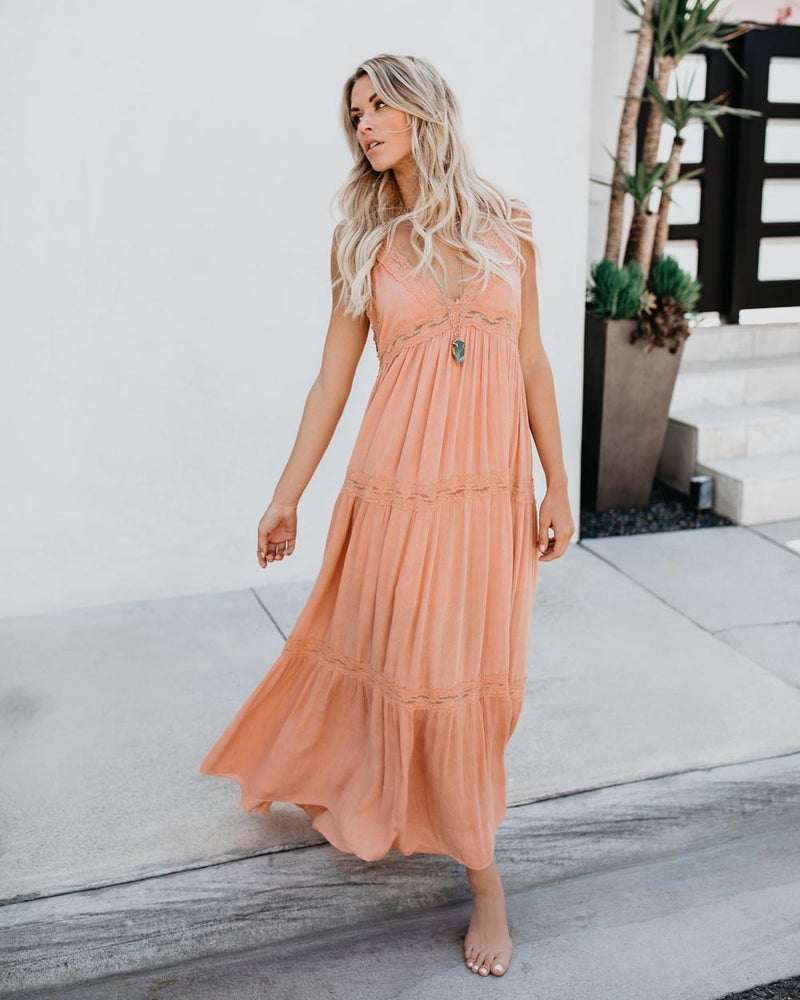 Maxi Robe Col en V sans Manches Rose Claire - CA Mode