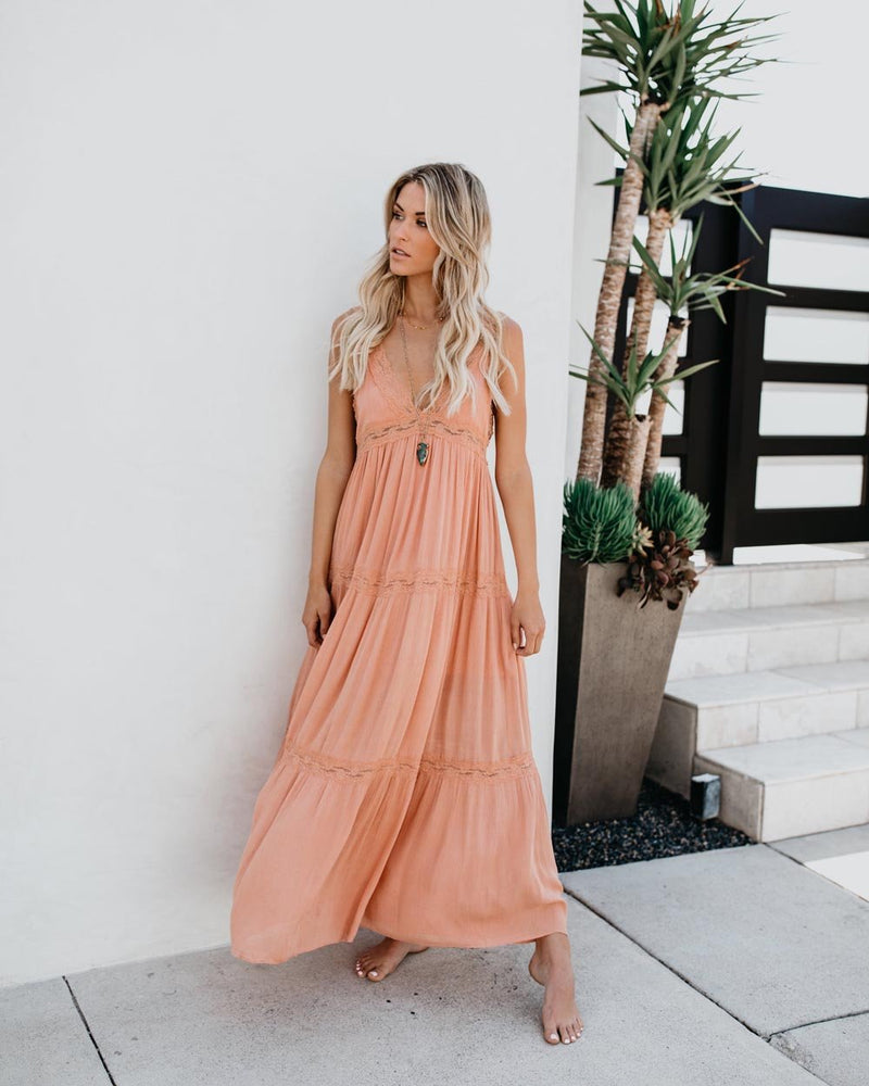 Maxi Robe Col en V sans Manches Rose Claire - CA Mode