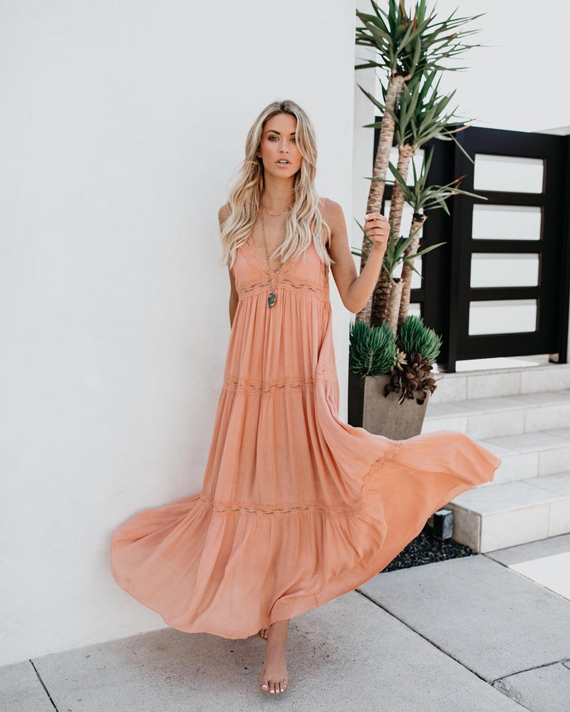 Maxi Robe Col en V sans Manches Rose Claire - CA Mode