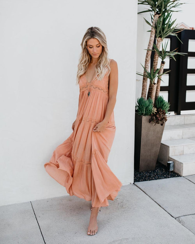 Maxi Robe Col en V sans Manches Rose Claire - CA Mode