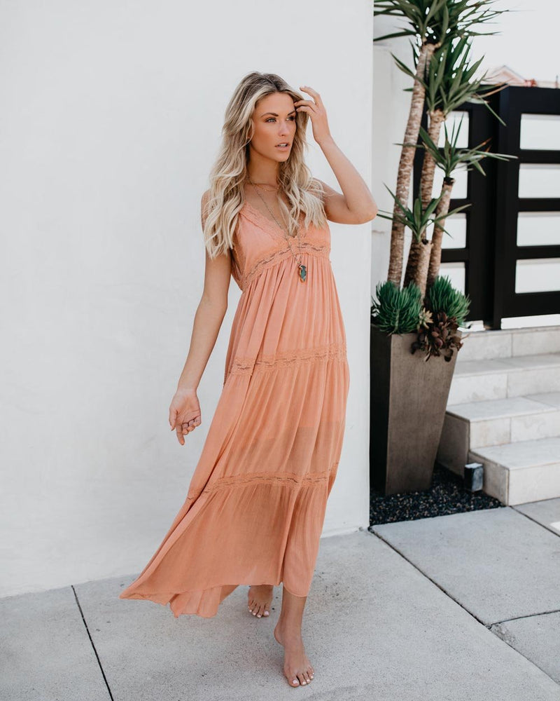 Maxi Robe Col en V sans Manches Rose Claire - CA Mode