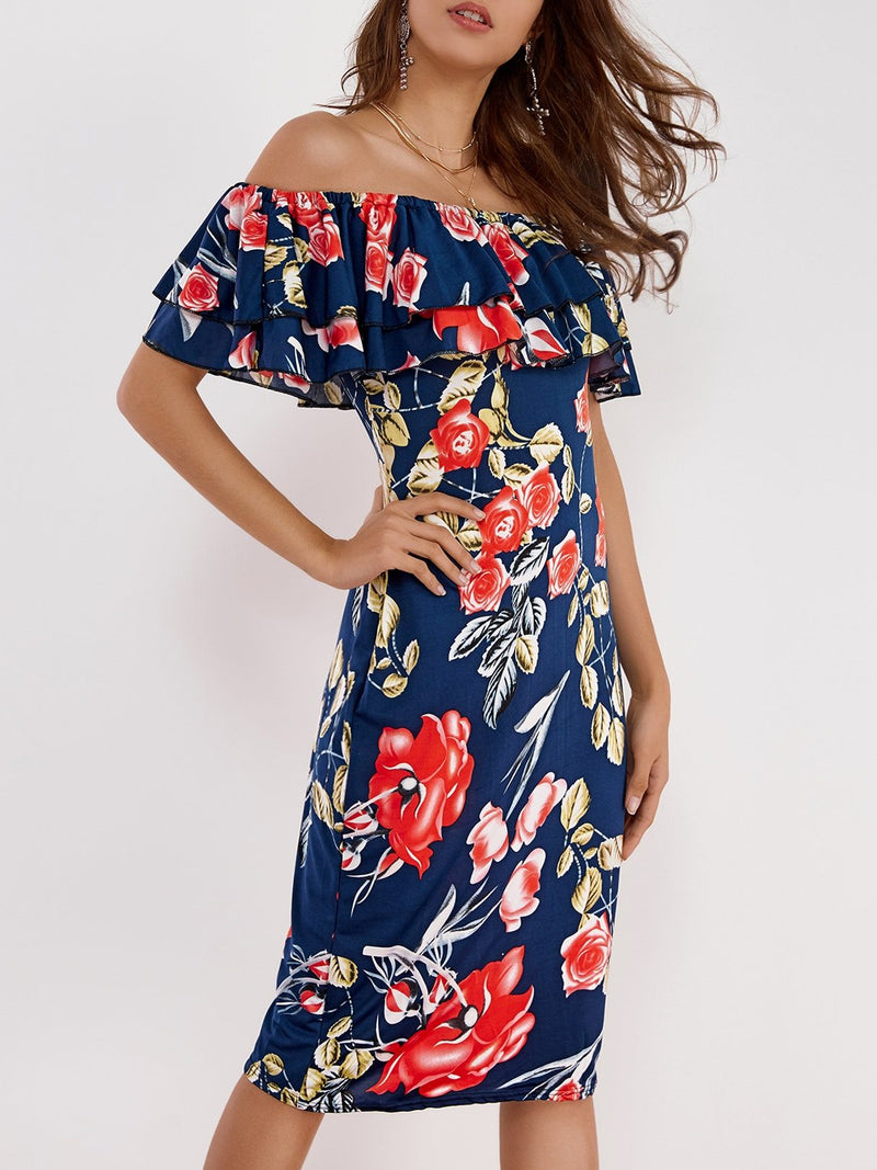 Robe à Imprimé Floral à Epaules Dénudées