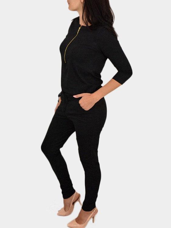 Zipper 3-4 Length Sleeves Drawstring Waist Jumpsuit