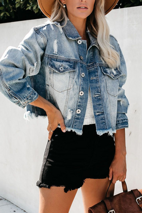 Veste Déchirée en Denim Délavé à Revers