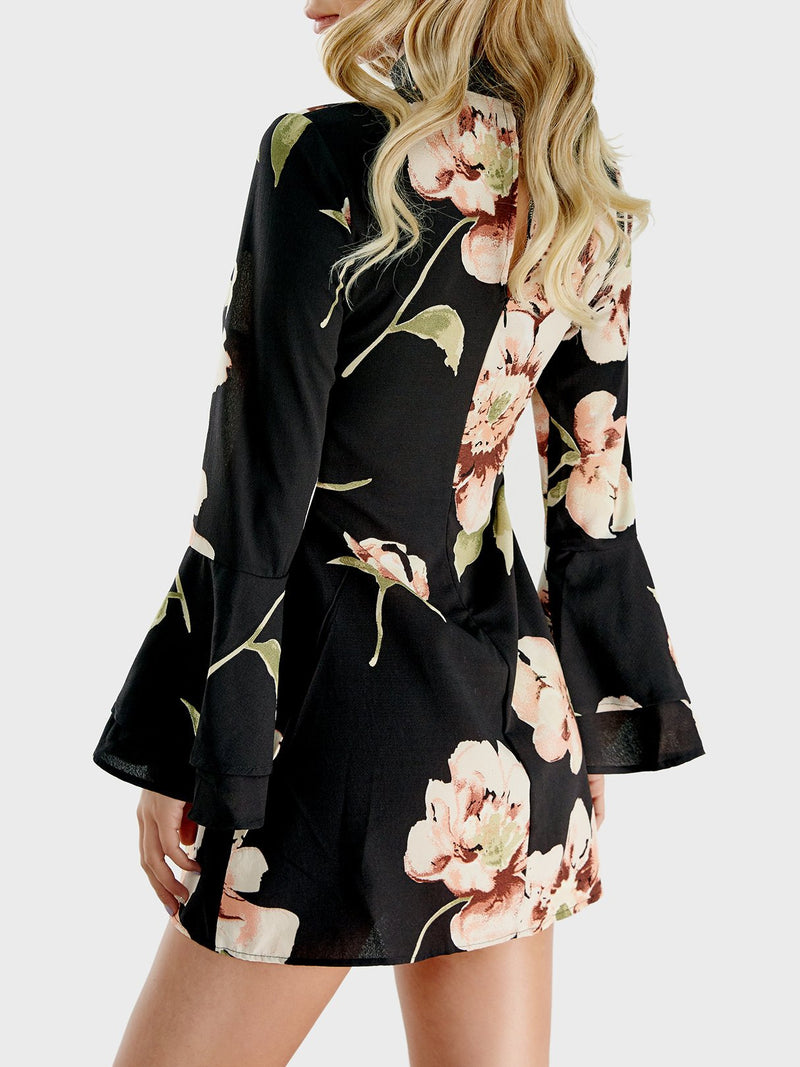 Random Floral Print Perkins Collar Flared Sleeves Mini Dress