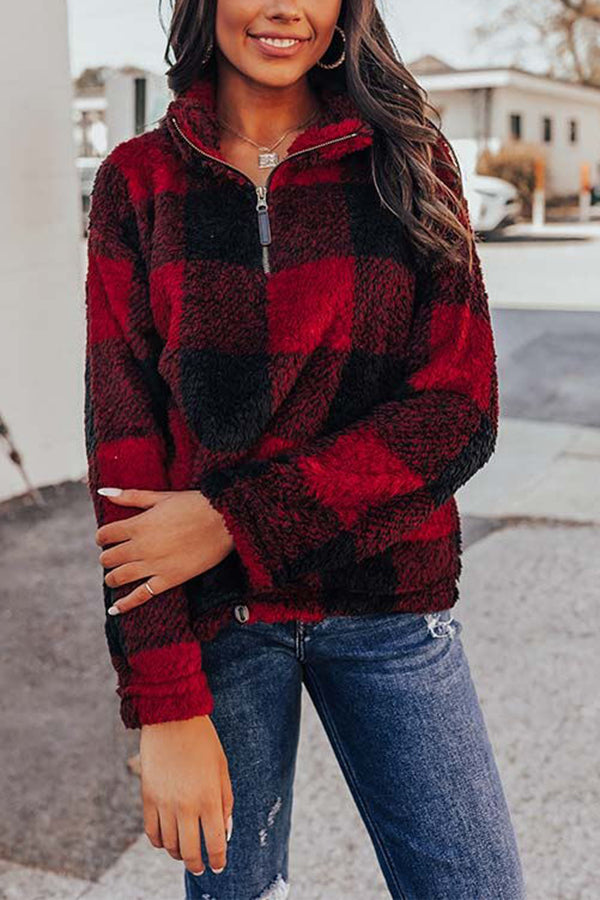 Cozy Holiday Plans Sherpa Plaid Pullover