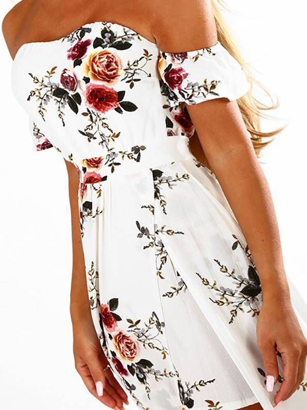 Robe à Imprimé Floral à Epaules Dénudées Blanche