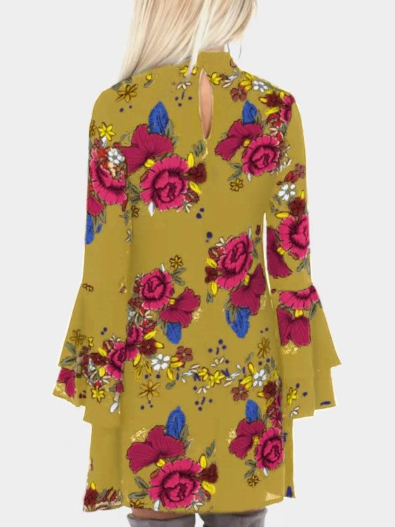 Random Floral Print Perkins Collar Flared Sleeves Mini Dress