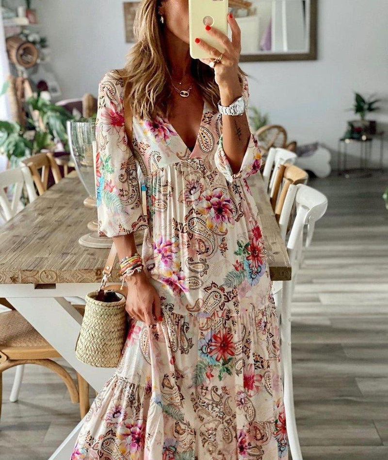 Robe Longue Col en V Imprimé Romantique