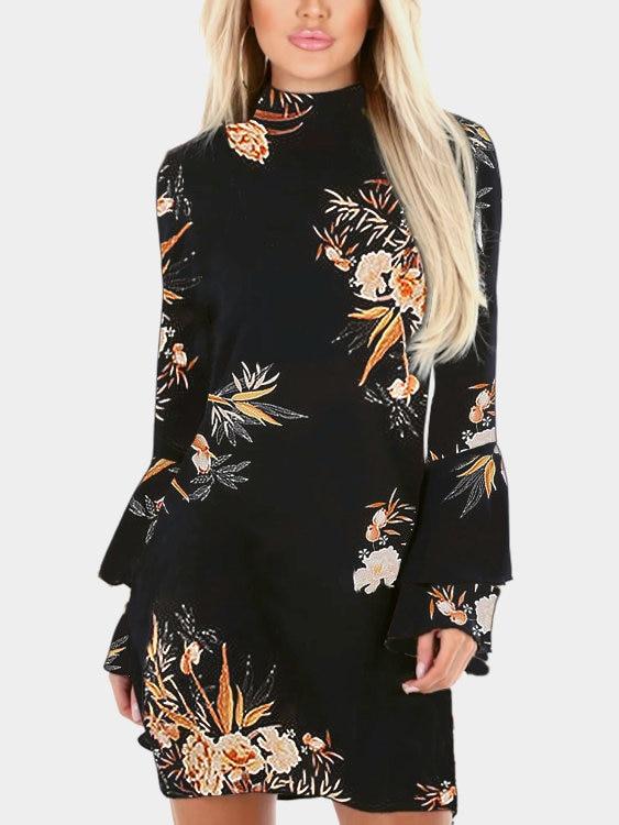 Random Floral Print Perkins Collar Flared Sleeves Mini Dress