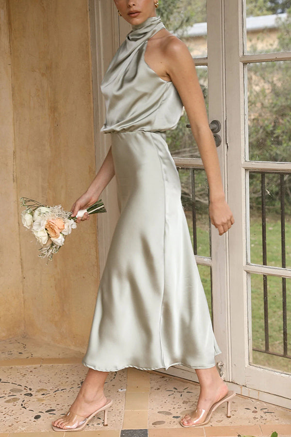 Perfectly Yours High Neck Satin Drape Maxi Dress