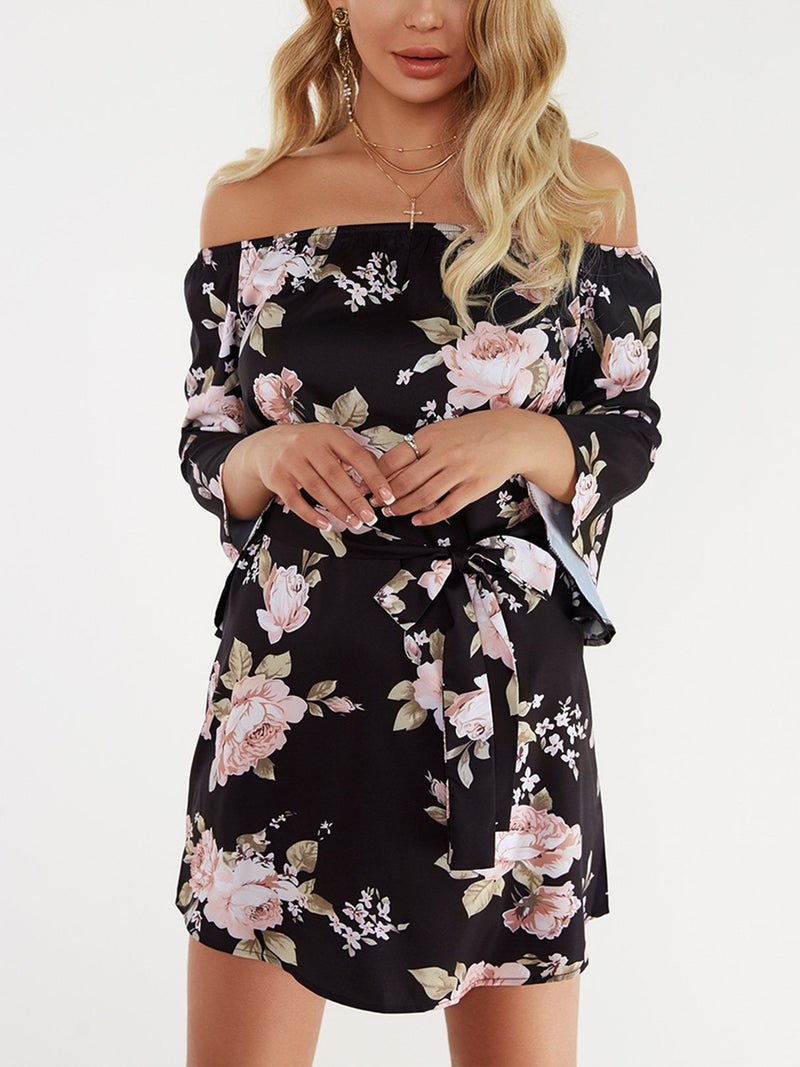 Robe Florale à Manches Longues et à Taille Haute