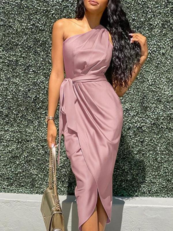 Elegant Slanted Shoulder Sleeveless Long Dress