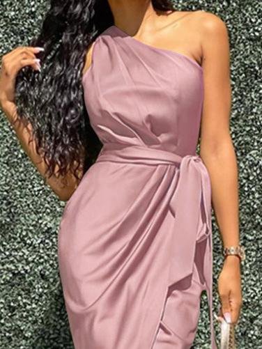 Elegant Slanted Shoulder Sleeveless Long Dress