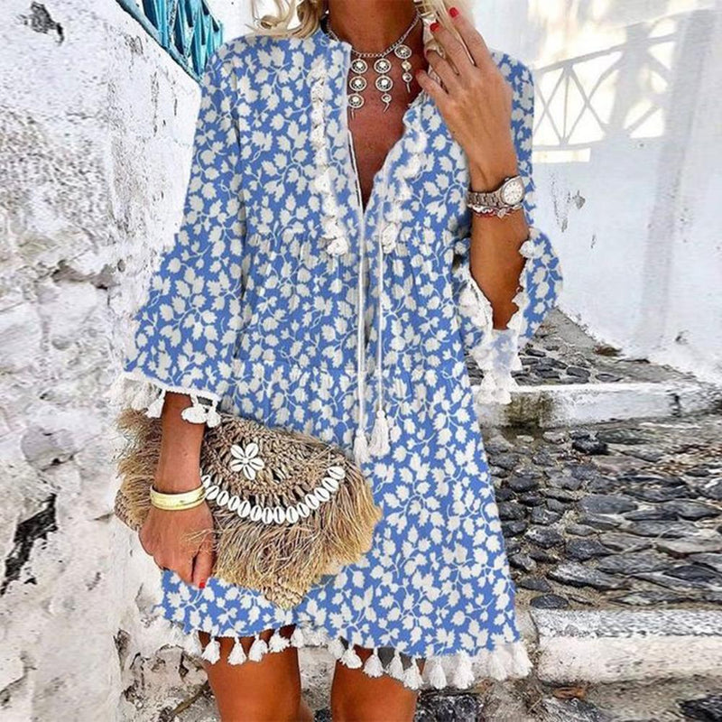 Robe Pampilles Ample Col V Imprimé Bleu Chic