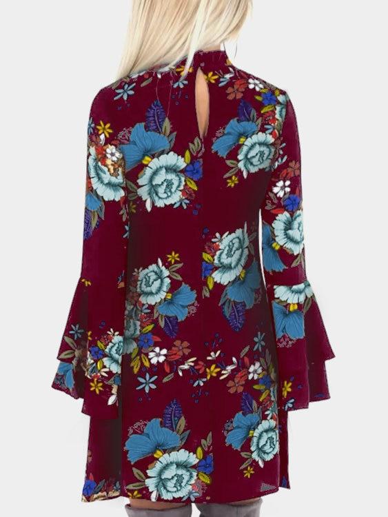 Random Floral Print Perkins Collar Flared Sleeves Mini Dress