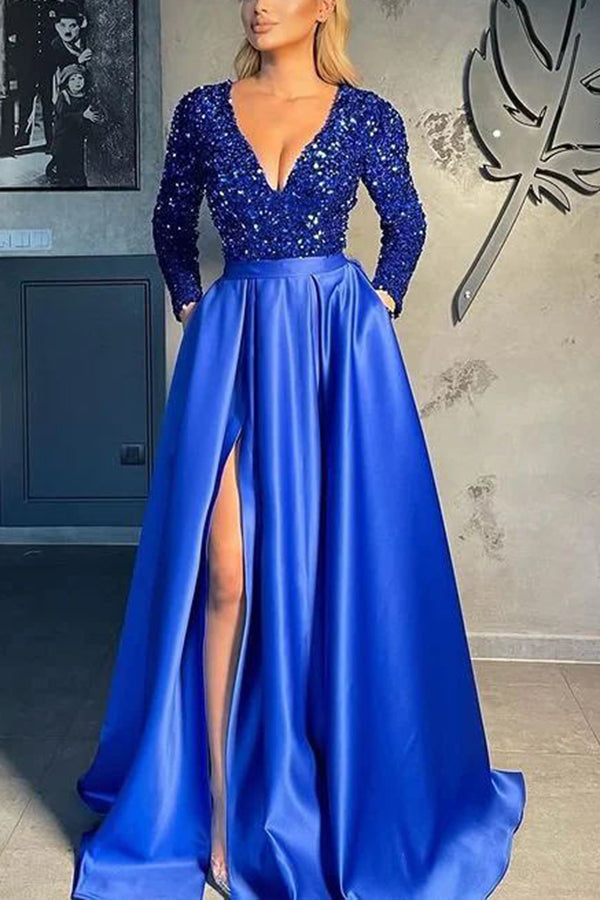 Gorgeous Long Sleeves V-Neck Sequ Satin Prom Dress