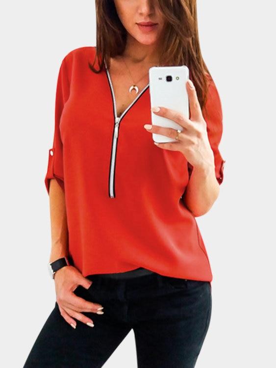 Zip Design V-neck Long Sleeves T-shirts