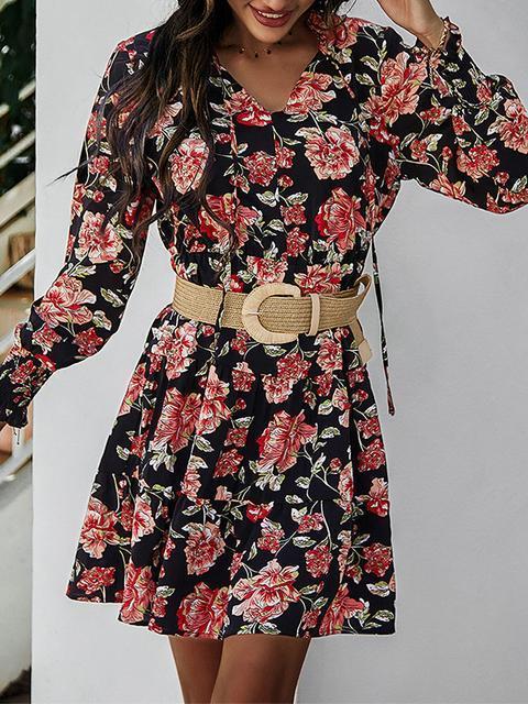 Robe Courte Manches Longues Col V Imprimé Floral