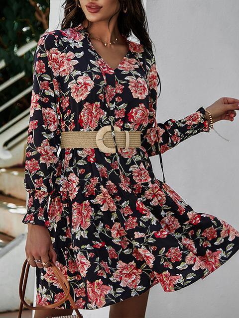 Robe Courte Manches Longues Col V Imprimé Floral