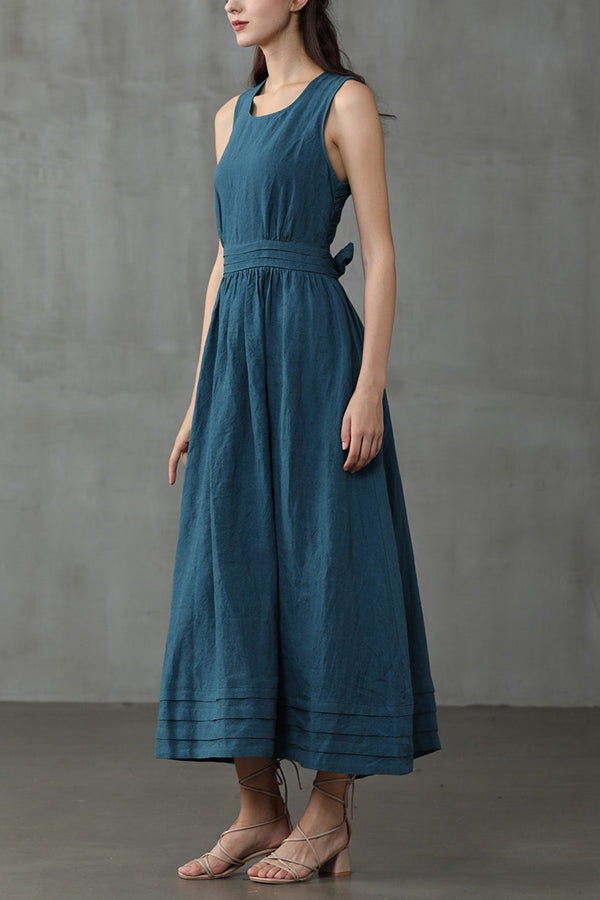 Cross Back O Neck Maxi Linen Dress