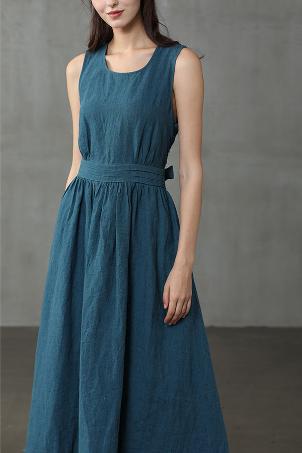 Cross Back O Neck Maxi Linen Dress