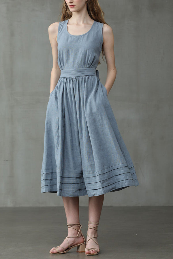 Cross Back O Neck Maxi Linen Dress