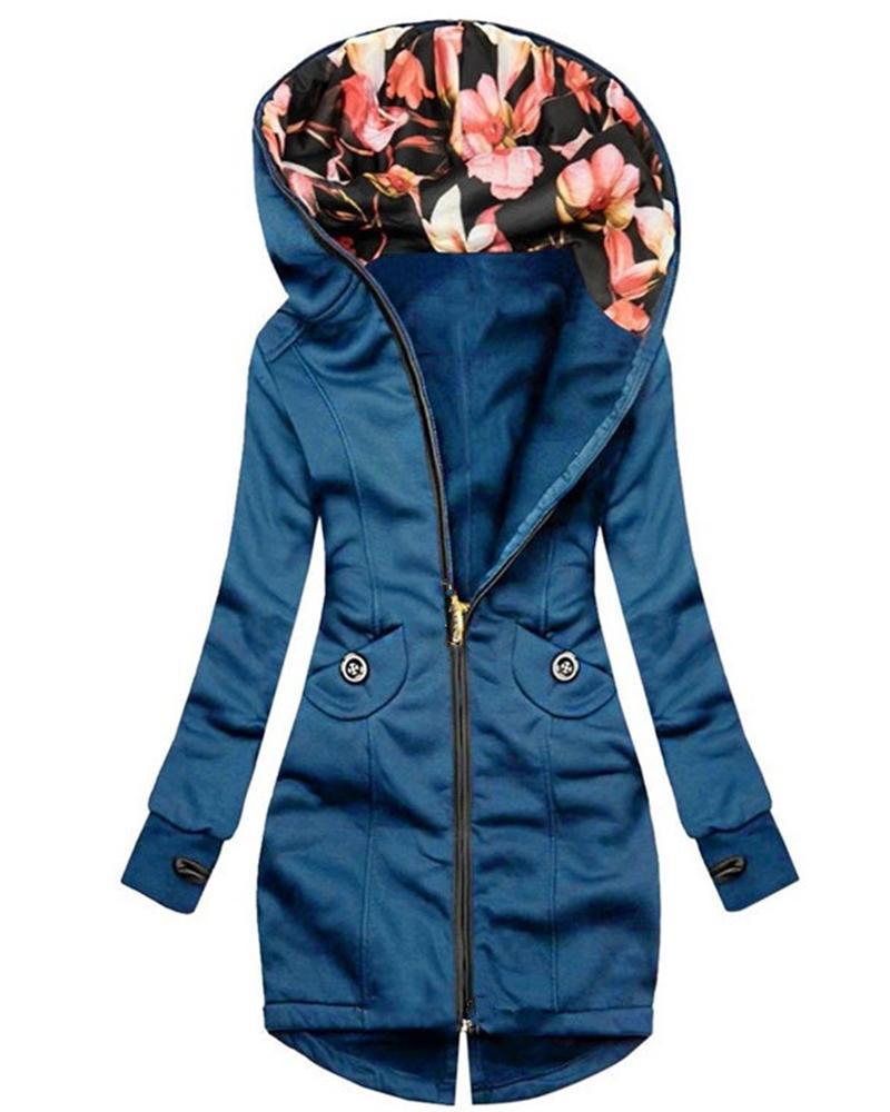 Solid Color Long Sleeve Zipper Hooded Jacket