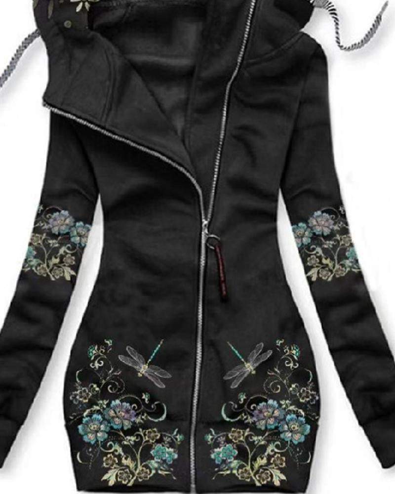 Printed Long Sleeve Zip Hooded Jacket