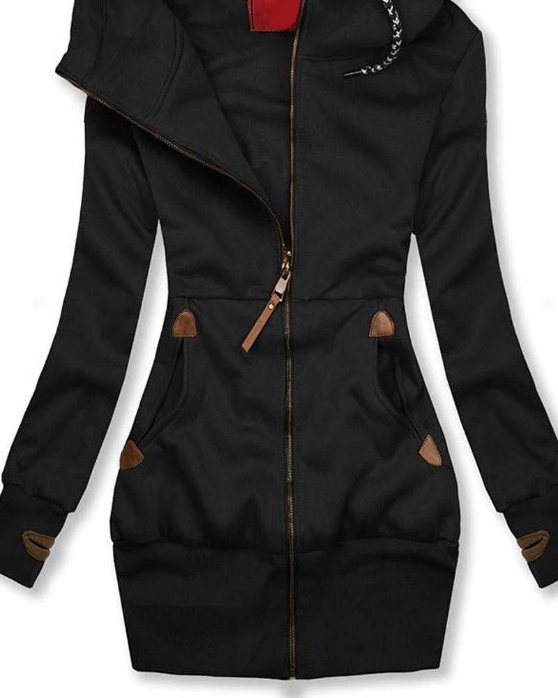 Casual Solid Color Long Sleeve Zipper Hooded Jacket