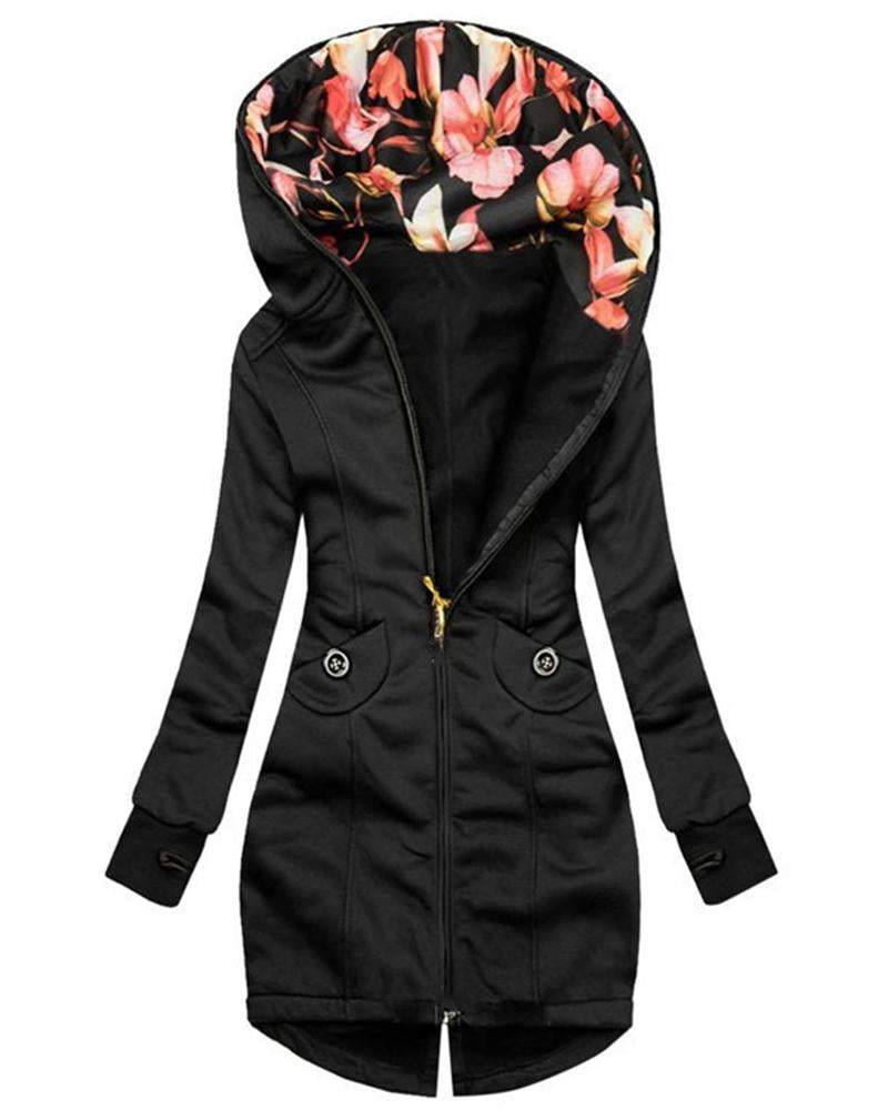 Solid Color Long Sleeve Zipper Hooded Jacket