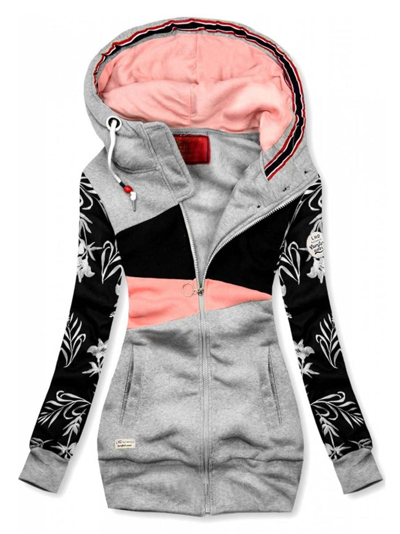 Fashion Print Contrast Color Hooded Jacket