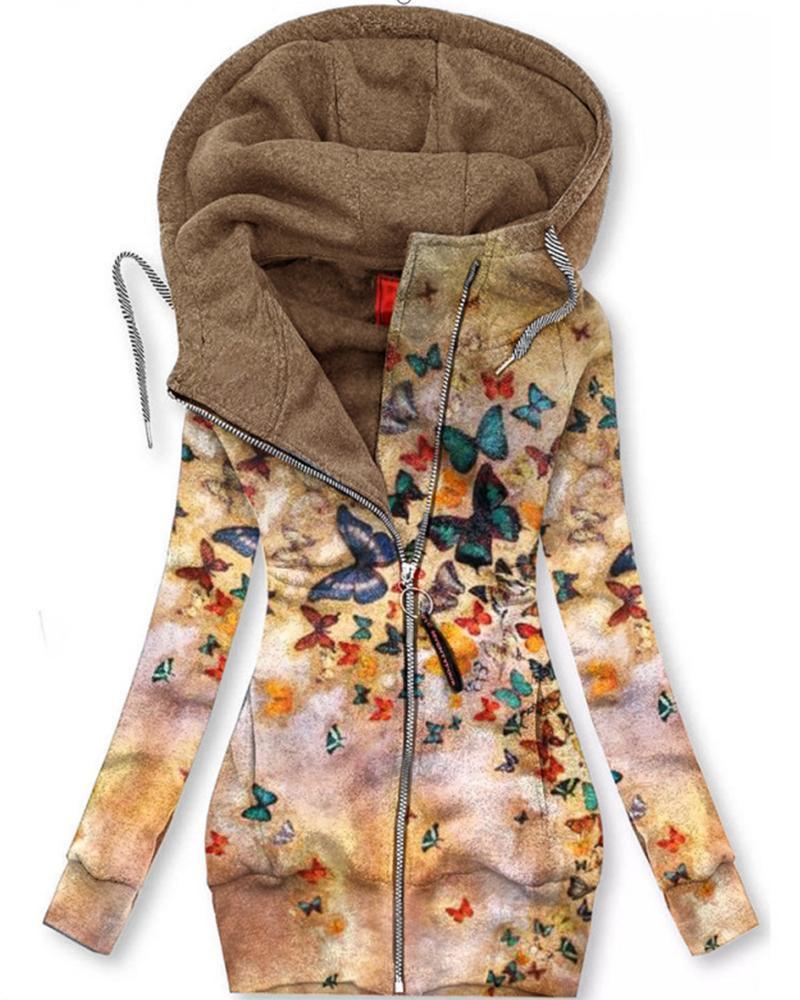 Printed Long Sleeve Zip Hooded Jacket