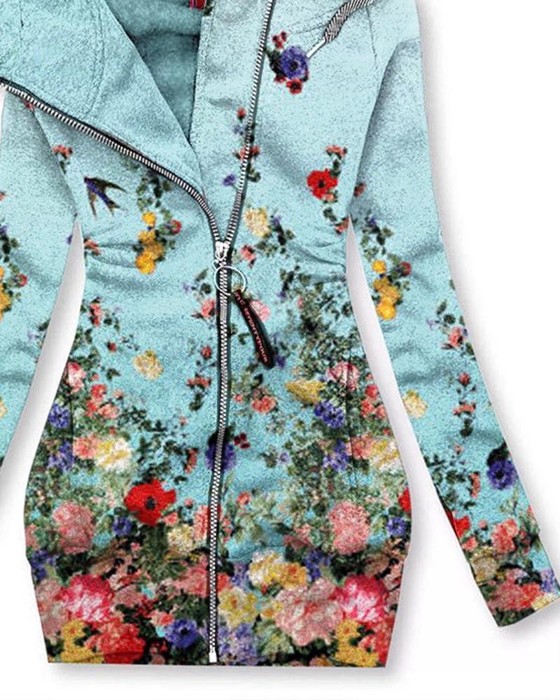 Printed Long Sleeve Zip Hooded Jacket