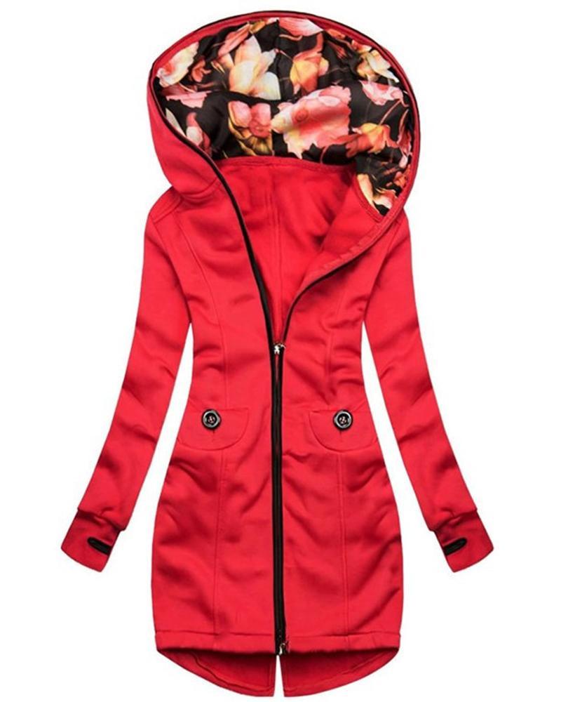 Solid Color Long Sleeve Zipper Hooded Jacket