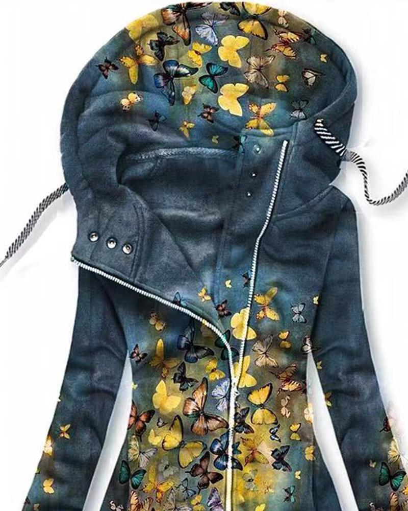 Printed Long Sleeve Zip Hooded Jacket