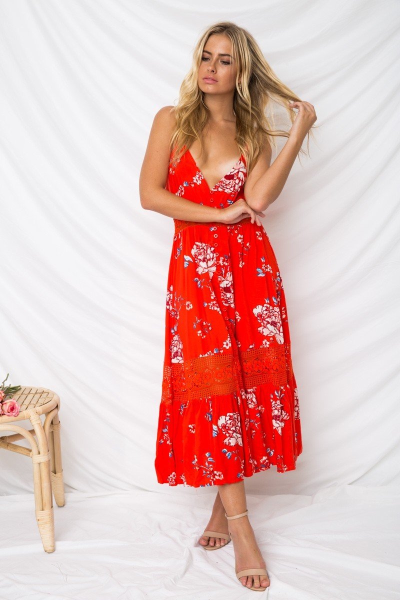 Damen Ärmellos Blumen Gedruckt V-Ausschnitt Kleid Rot - CA Mode