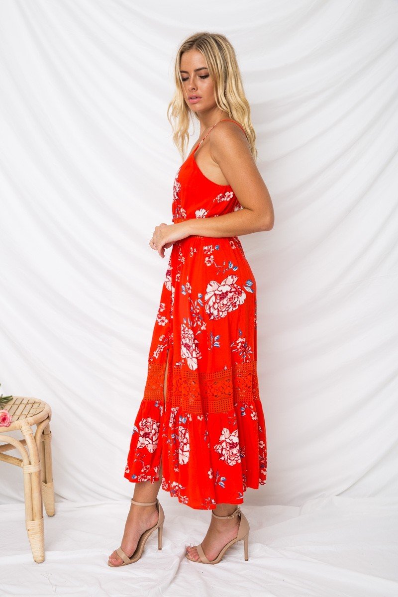 Damen Ärmellos Blumen Gedruckt V-Ausschnitt Kleid Rot - CA Mode