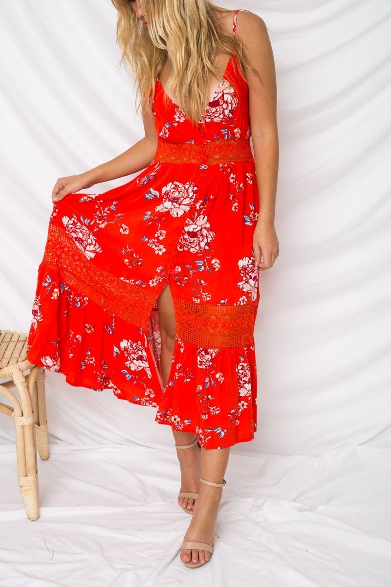 Damen Ärmellos Blumen Gedruckt V-Ausschnitt Kleid Rot - CA Mode