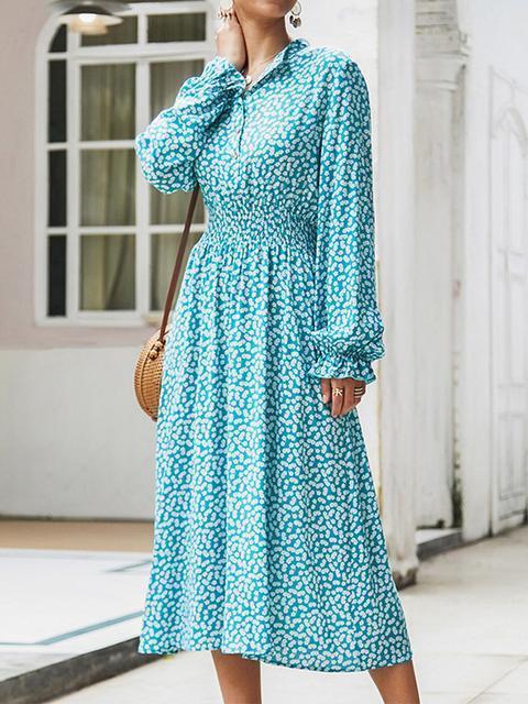 Robe Midi Imprimée à Pois Col V