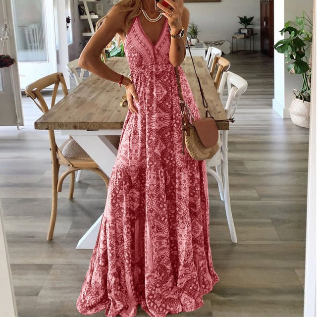 Robe Maxi Longue Bohème Imprimée Vintage Col en V Sexy