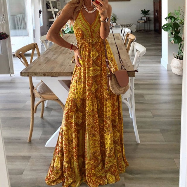 Robe Maxi Longue Bohème Imprimée Vintage Col en V Sexy