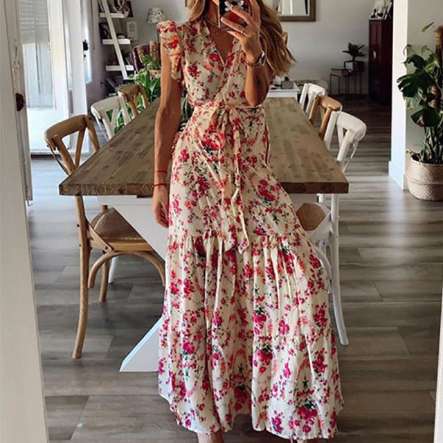 Robe Maxi Longue Bohème Imprimée Vintage Col en V Sexy