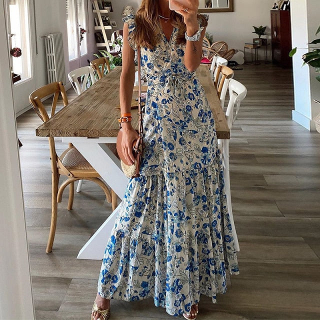 Robe Maxi Longue Bohème Imprimée Vintage Col en V Sexy