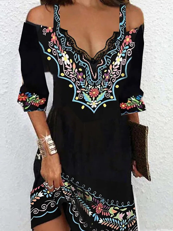 Women's Dresses Boho Print V-Neck Off-Shoulder Dress