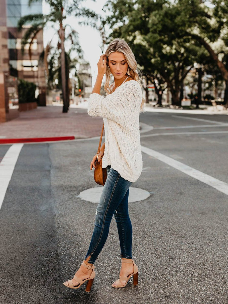 Pull en Tricot Décolleté Profond Blanc