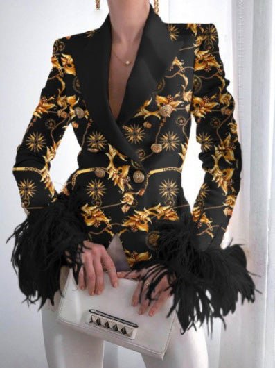 Blazer en Plumes Manches Longues Boutons Imprimés